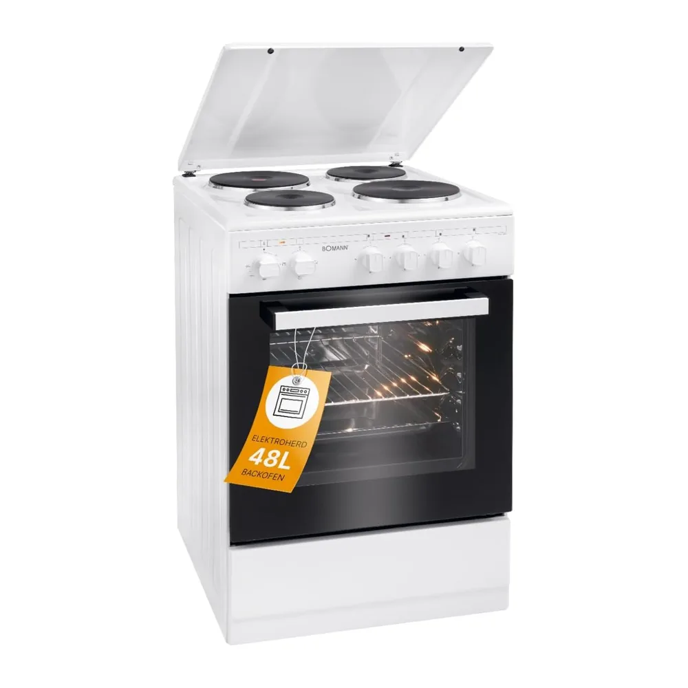 Boman, Cuisinière Electrique 4 plaques et four de 48L, Largeur 50 cm, cuisine avec plaque couvre-feu,