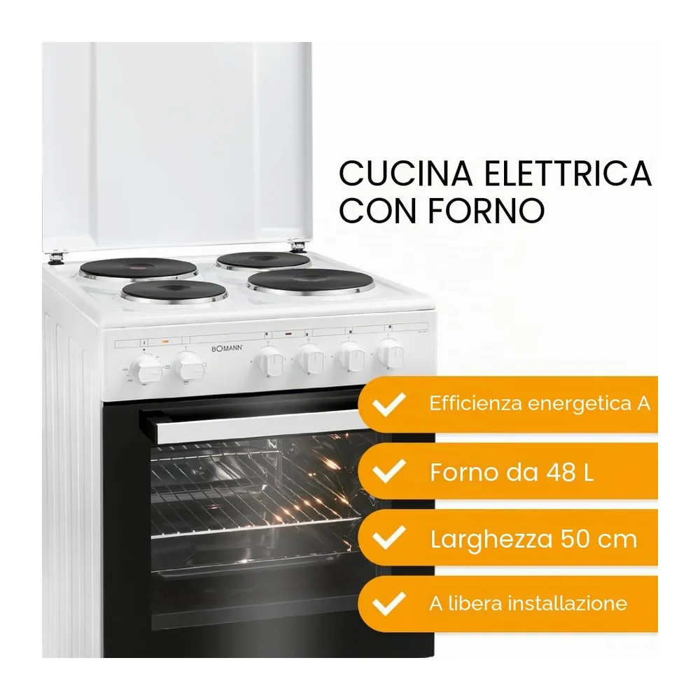 Boman, Cuisinière Electrique 4 plaques et four de 48L, Largeur 50 cm, cuisine avec plaque couvre-feu, — 2