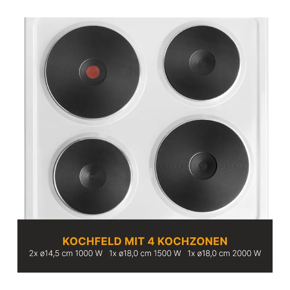 Boman, Cuisinière Electrique 4 plaques et four de 48L, Largeur 50 cm, cuisine avec plaque couvre-feu, — 4