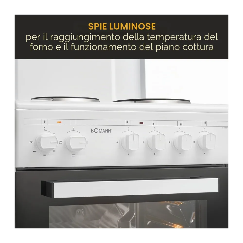 Boman, Cuisinière Electrique 4 plaques et four de 48L, Largeur 50 cm, cuisine avec plaque couvre-feu, — 6