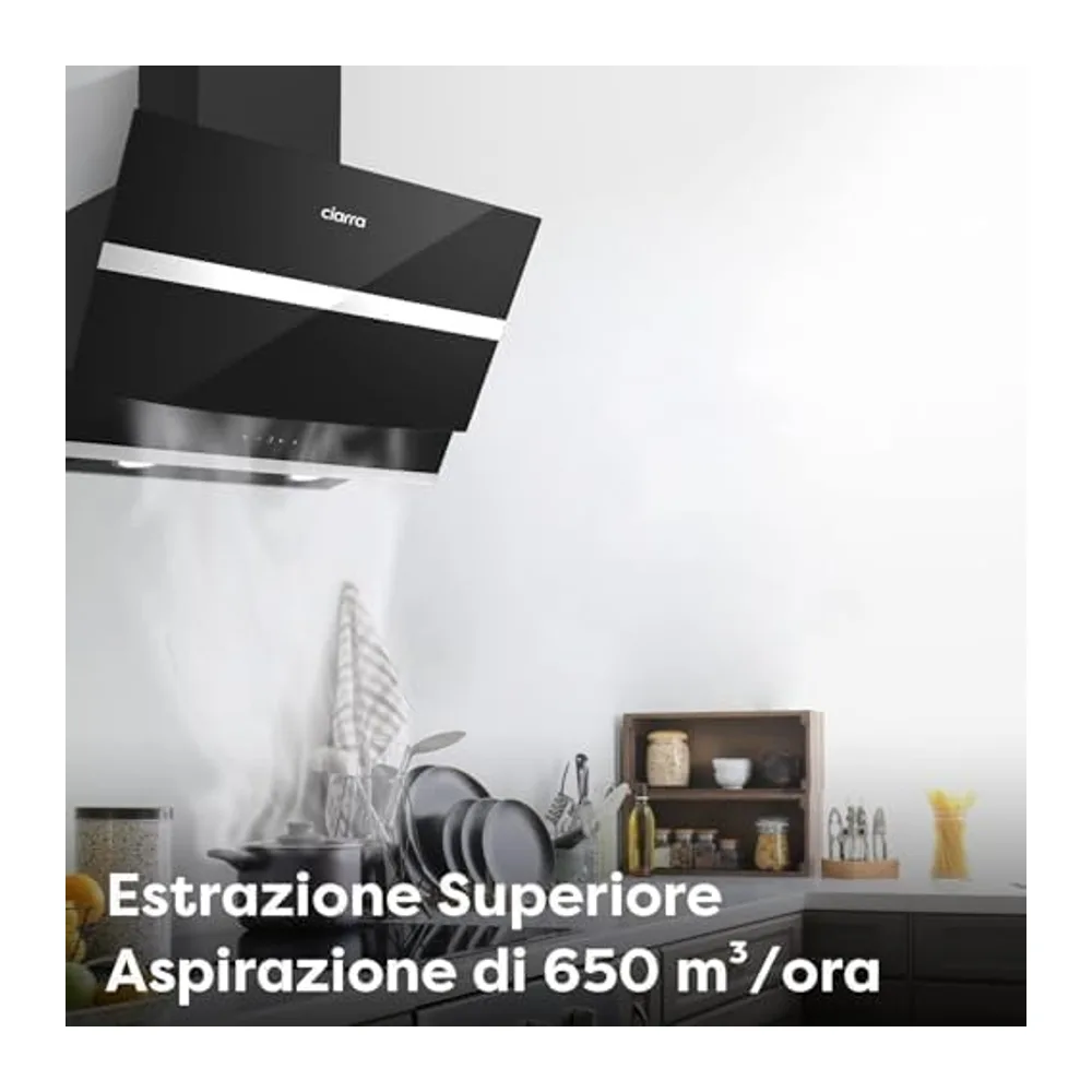 CIARRA Cappa Aspirante Inclinata 60 cm,650 m³/h,CBCB6736N,Controllo touch [Classe di efficienza energetica — 3