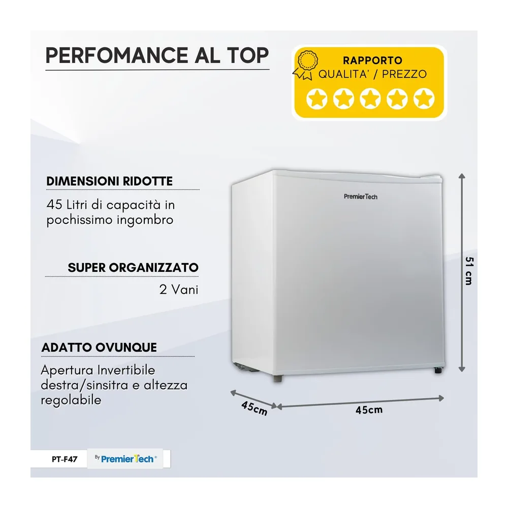 PremierTech Mini Frigo Bar 45 Litri Frigorifero Hotel Ufficio Bianco PT-F47 [Classe di efficienza energetica — 5