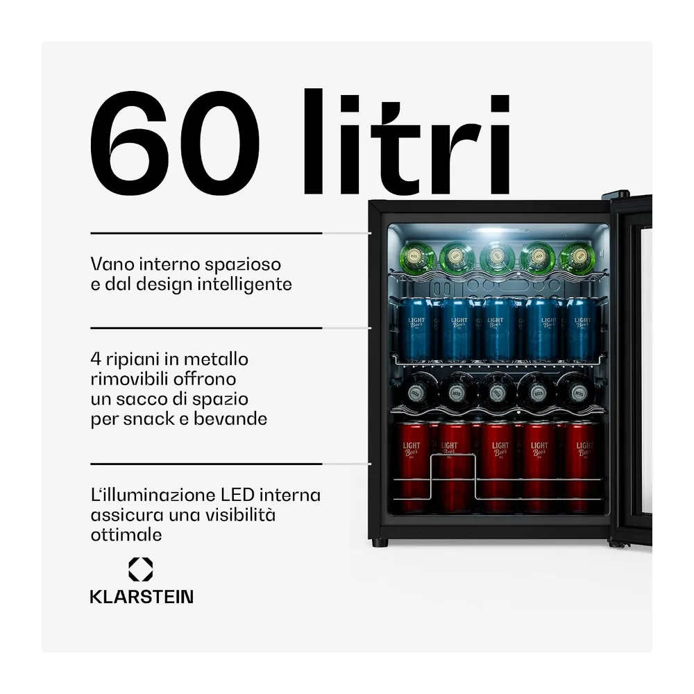 KLARSTEIN Frigo Vetrina Bibite 60L - Porta in Vetro a Specchio, LED, Temperatura 0-13°C, 4 Ripiani — 2