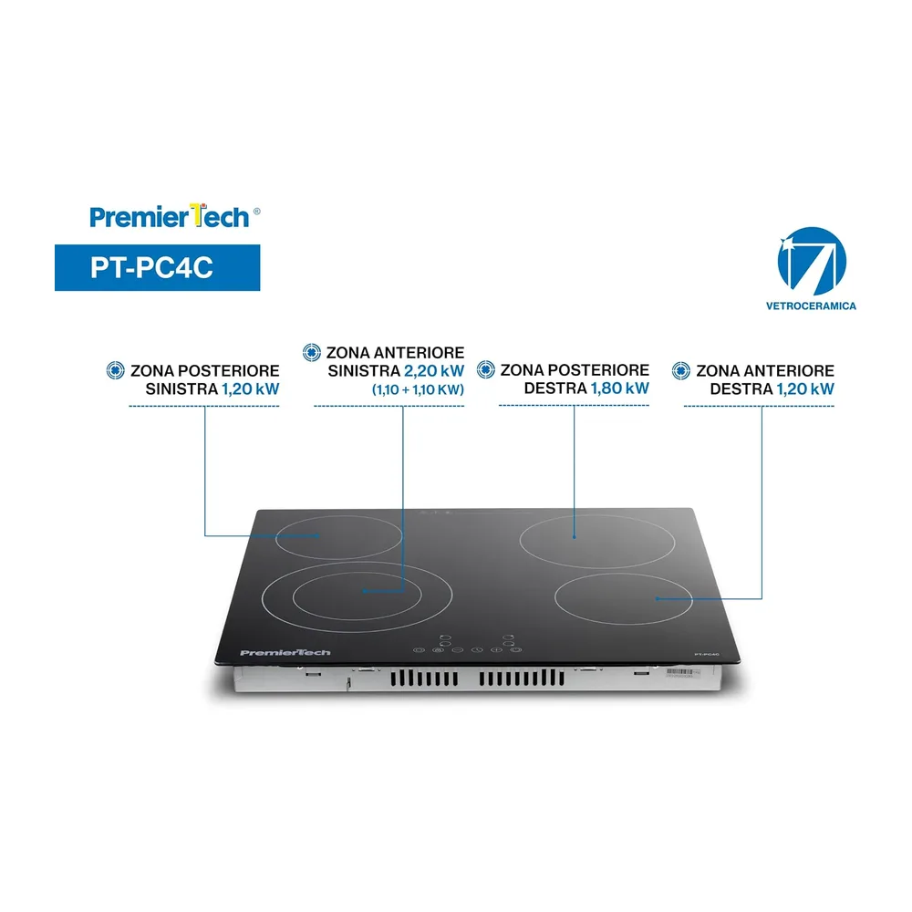 PremierTech Piano Cottura Vetroceramica da Incasso 4 Zone 60cm Nero PT-PC4C — 4