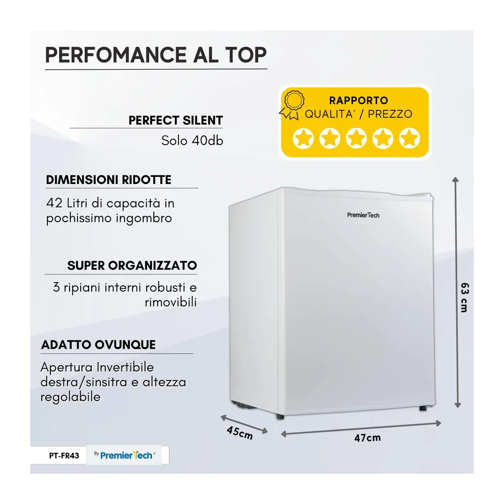 PremierTech Mini Congelatore Freezer 42 Litri da Tavolo Bianco Casa PT-FR43 [Classe di efficienza energetica — 4