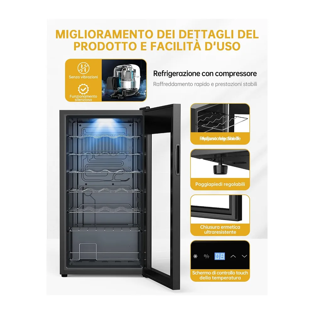 WIE Cantinetta Vino, 28 Bottiglie Cantina Vino Refrigerata, 82L Monotemperatura Cantinetta, Vetri Anti UV, — 3