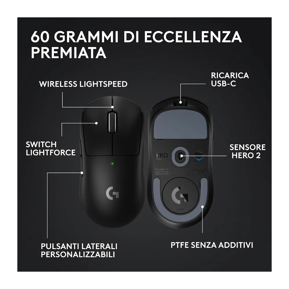 Logitech G PRO X SUPERLIGHT 2 - mouse gaming wireless, mouse Pro-Grade da 60 g con 5 pulsanti programmabili, — 6