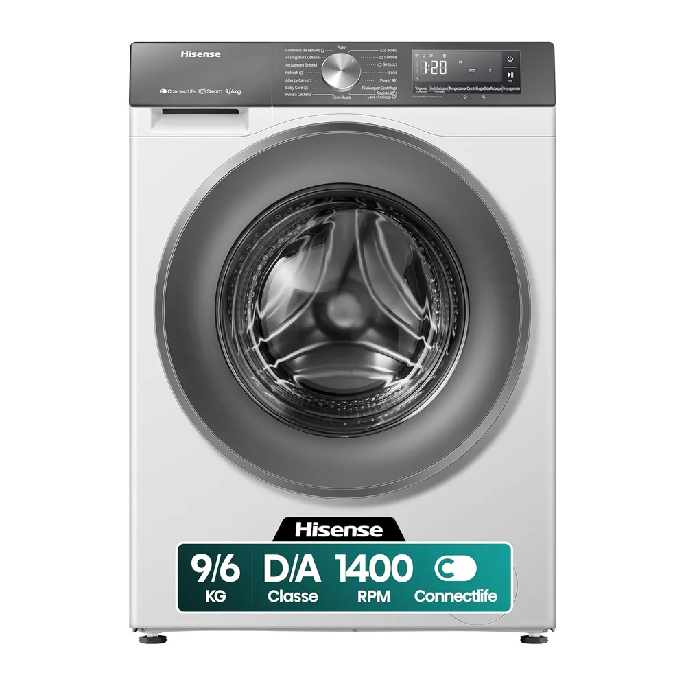 Hisense WD3S9043BW7 Lavasciuga 9 + 6 Kg, 1400 Rpm, 15 Programmi Automatici, Vapore, Motore Inverter, Classe