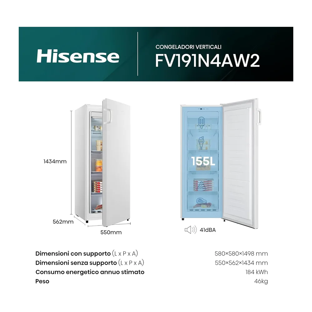 Congelatore Verticale Hisense FV191N4AW2 Capacità 155 Litri Classe Energetica E [Classe di efficienza — 2