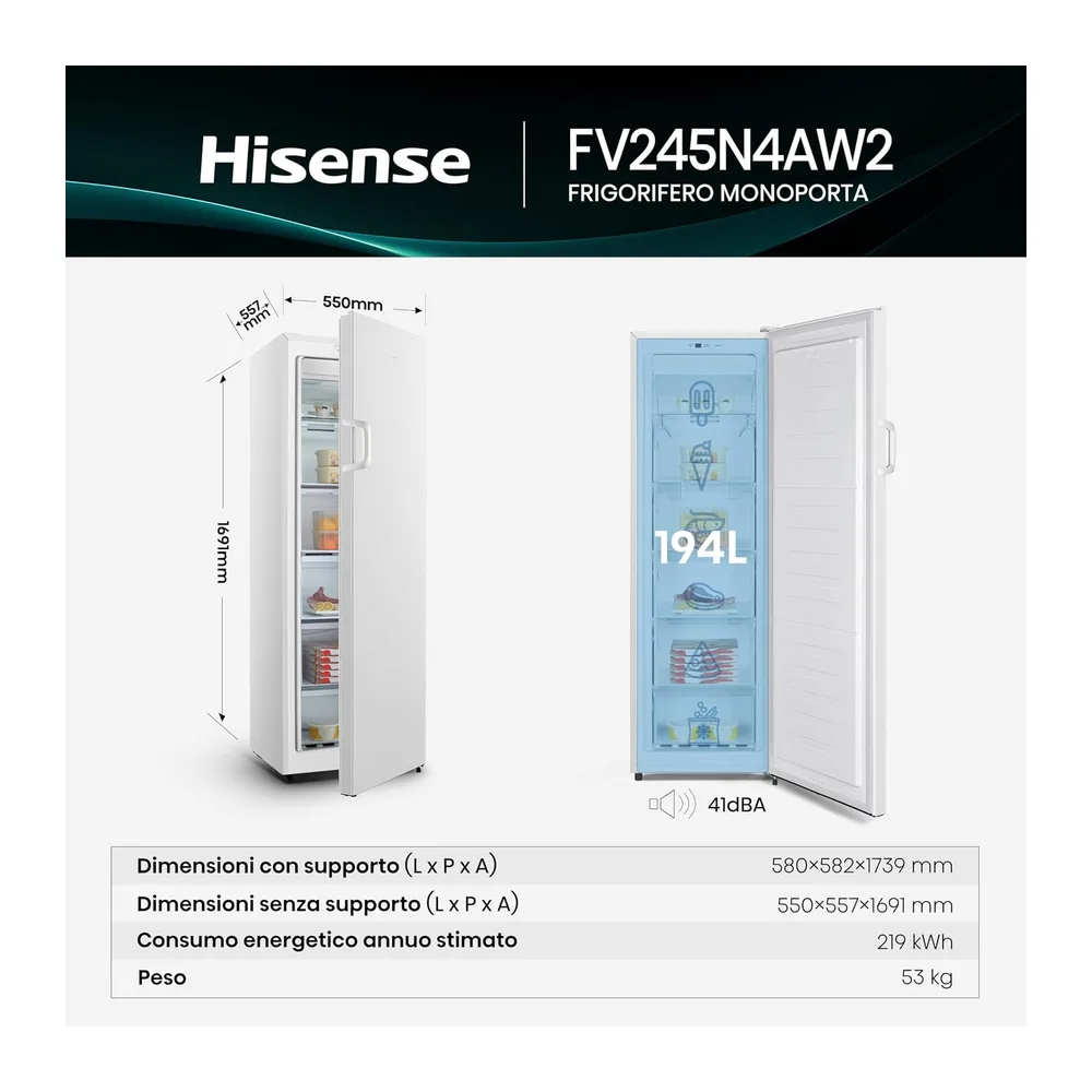 Hisense FV245N4AW2 Freezer Verticale, Total No Frost, 194 L, Bianco, Porte reversibili [Classe di efficienza — 2