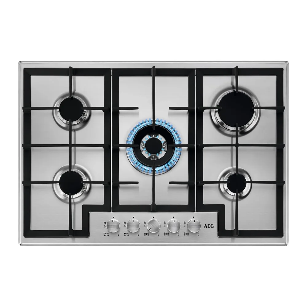 AEG HGB75400SM Piano Cottura a Gas 75 cm 5 Fuochi Griglie in Ghisa Inox