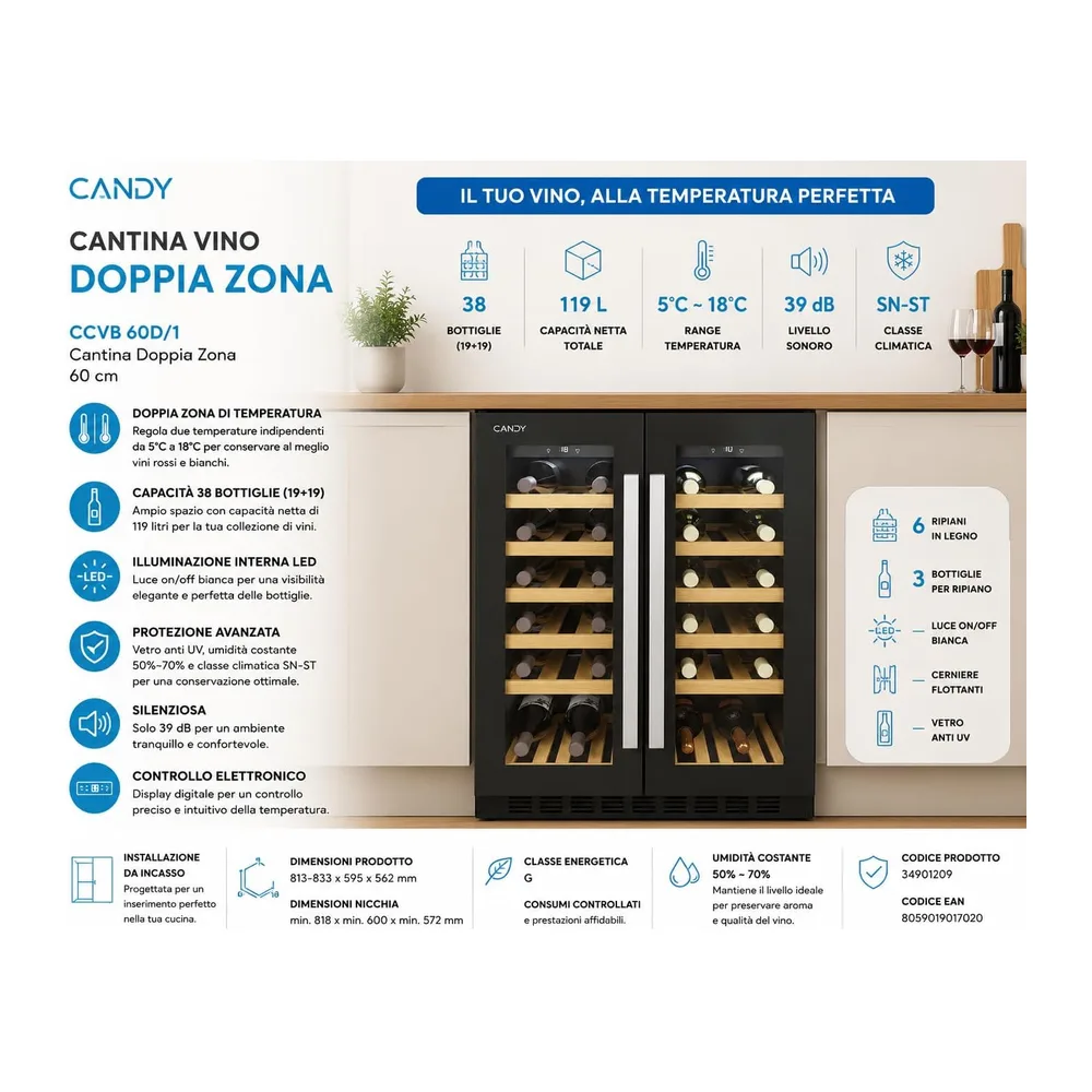 CANDY Cantinetta Vino 38 Bottiglie, Doppia Zona, Classe G — 2