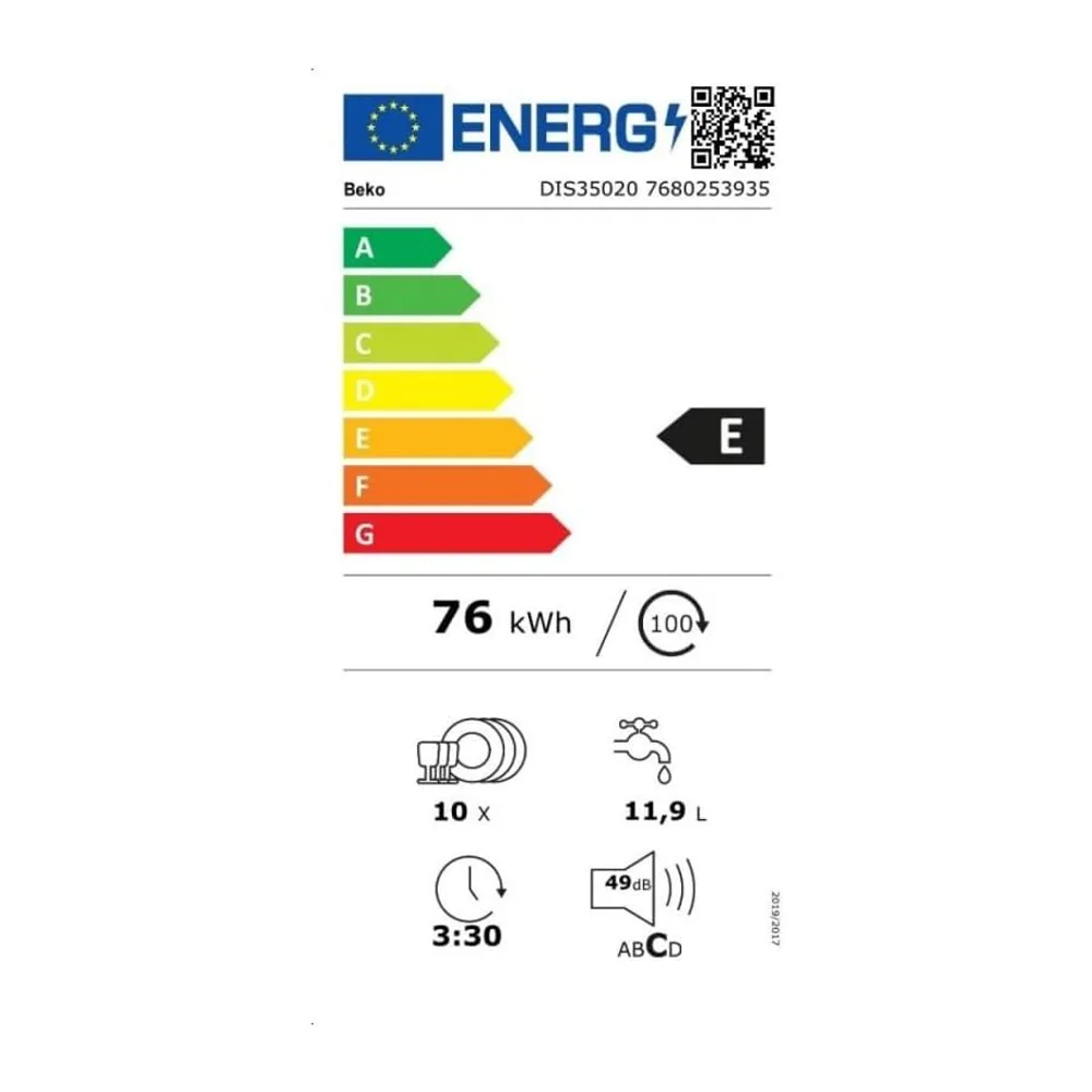 beko DIS35020 - Lavastoviglie da incasso cestelli estraibili SLIM 45 cm , 10 coperti, LED, silenziosa [Classe — 6