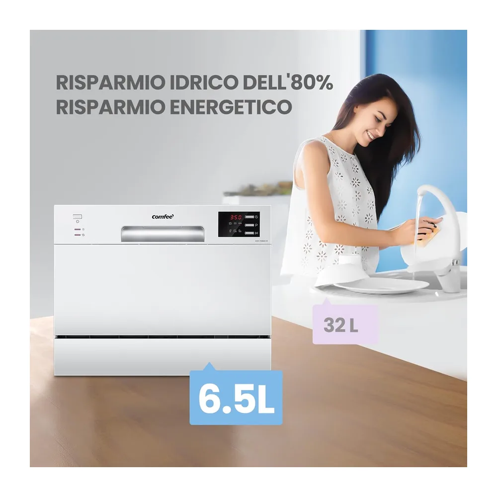 COMFEE Lavastoviglie da Tavolo, 6 Coperti, 6 Programmi di Lavaggio, Bianco [Classe di efficienza energetica F] — 6