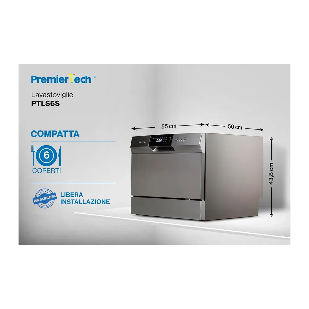 PremierTech Mini Lavastoviglie Compatta 6 Coperti da Tavolo Silver PTLS6S [Classe di efficienza energetica F] — 6