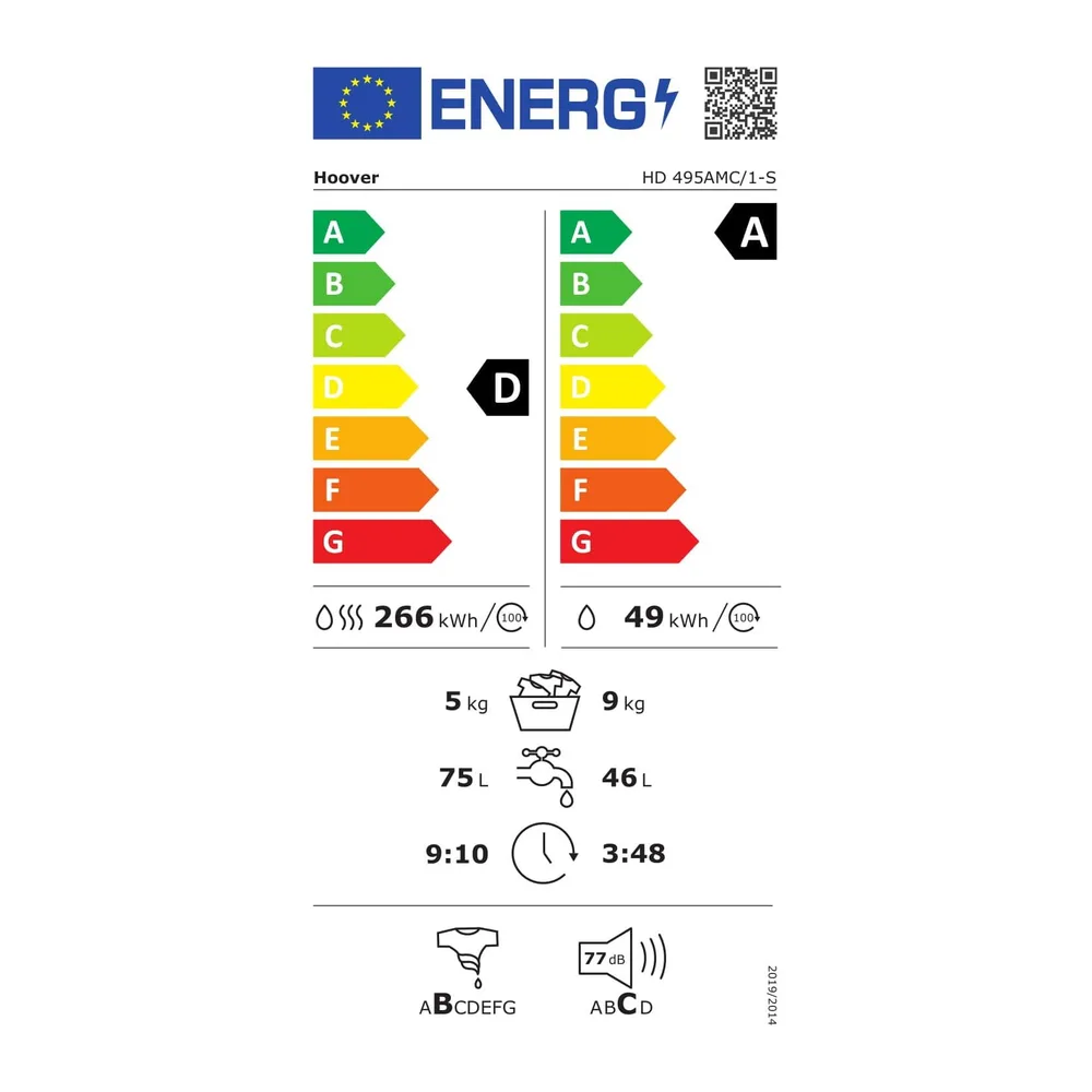Hoover, H-WASH&DRY 500 HD 495AMC/1-S Lavasciuga Slim 9 + 5 kg, Classe A/D, 1400 RPM, Motore Inverter, 18 — 3