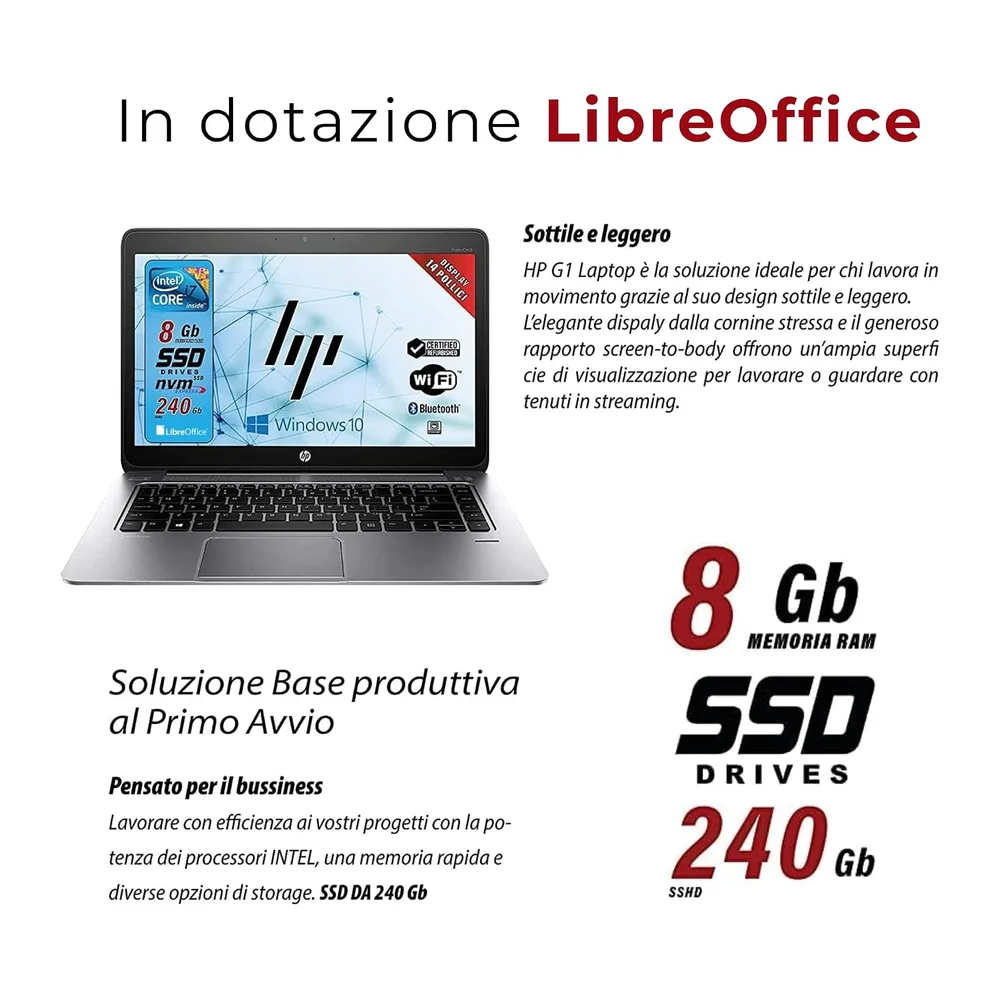 HP Elitebook Folio, Notebook Pc portatile Pronto All'uso, Display 14", Intel Core i7, Ram 8GB, SSD 240GB, Win — 2