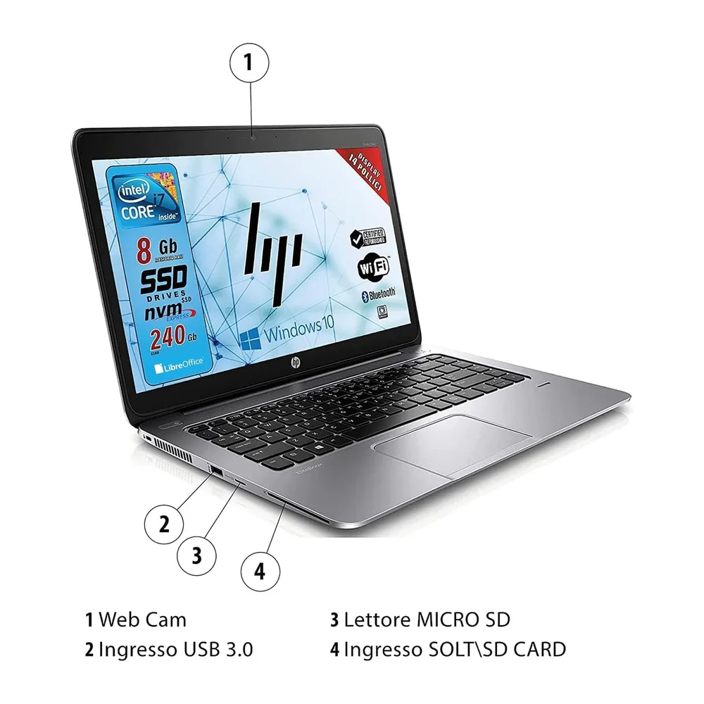 HP Elitebook Folio, Notebook Pc portatile Pronto All'uso, Display 14", Intel Core i7, Ram 8GB, SSD 240GB, Win — 3