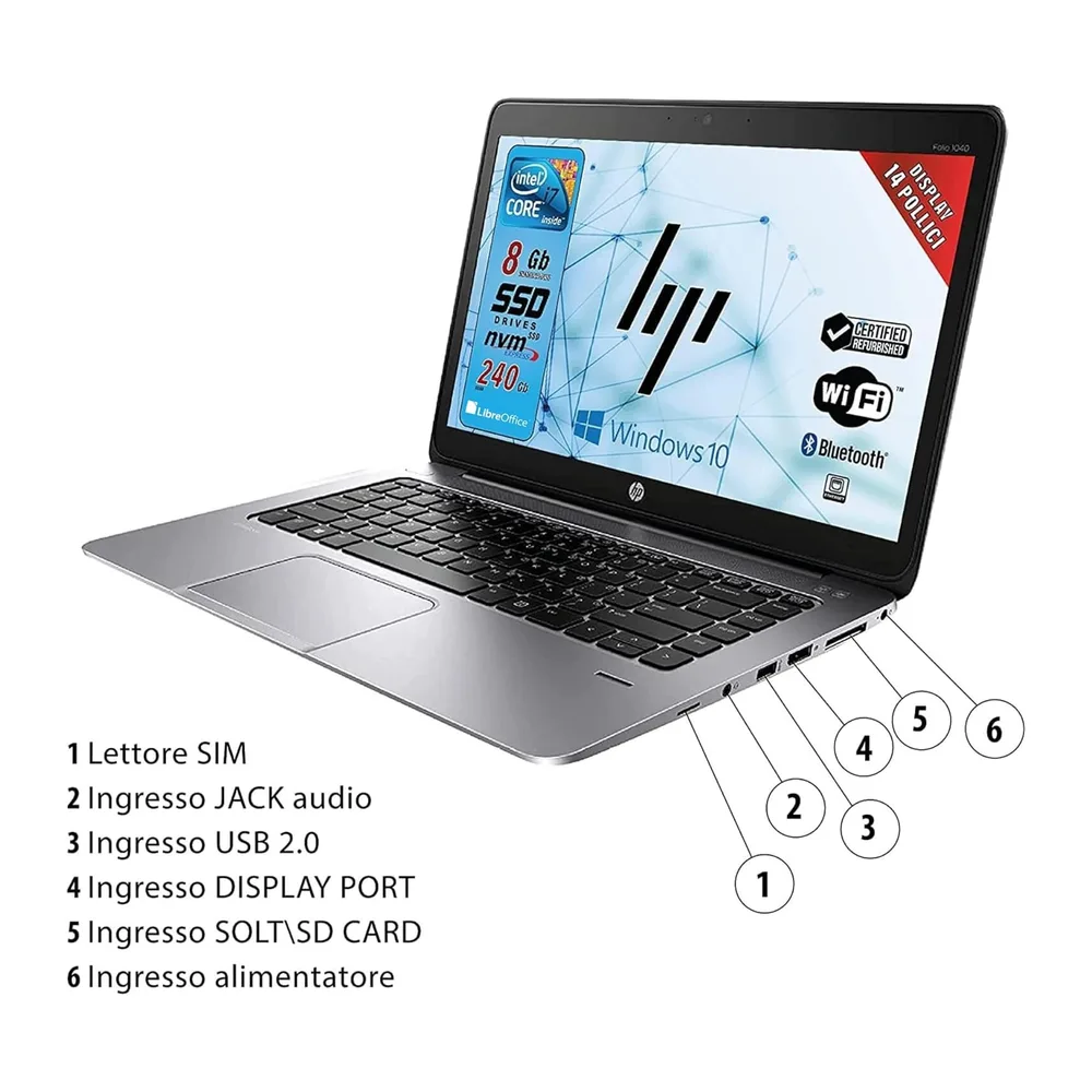 HP Elitebook Folio, Notebook Pc portatile Pronto All'uso, Display 14", Intel Core i7, Ram 8GB, SSD 240GB, Win — 4