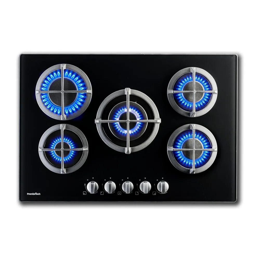 PremierTech Piano Cottura Gas 5 Fuochi 75cm Vetro Nero da Incasso PC5G75V