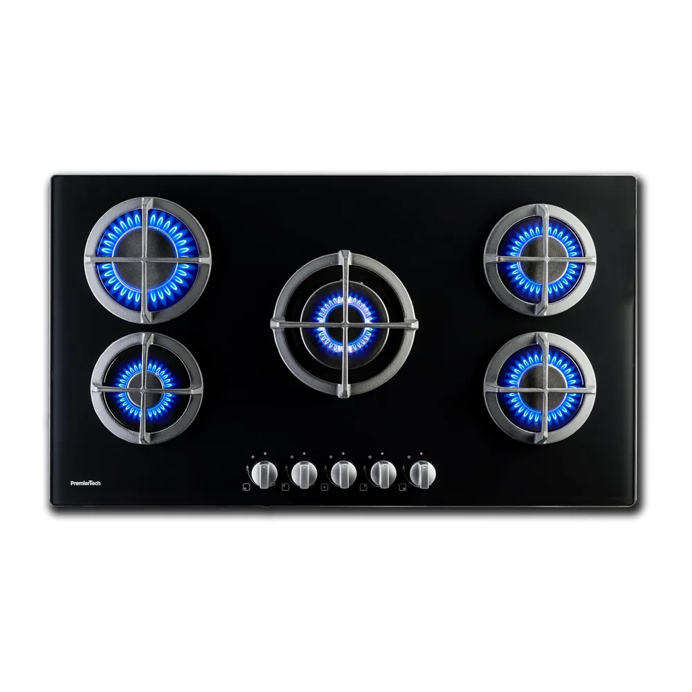 PremierTech Piano Cottura Gas 5 Fuochi 90cm Vetro Nero da Incasso PC5G90V