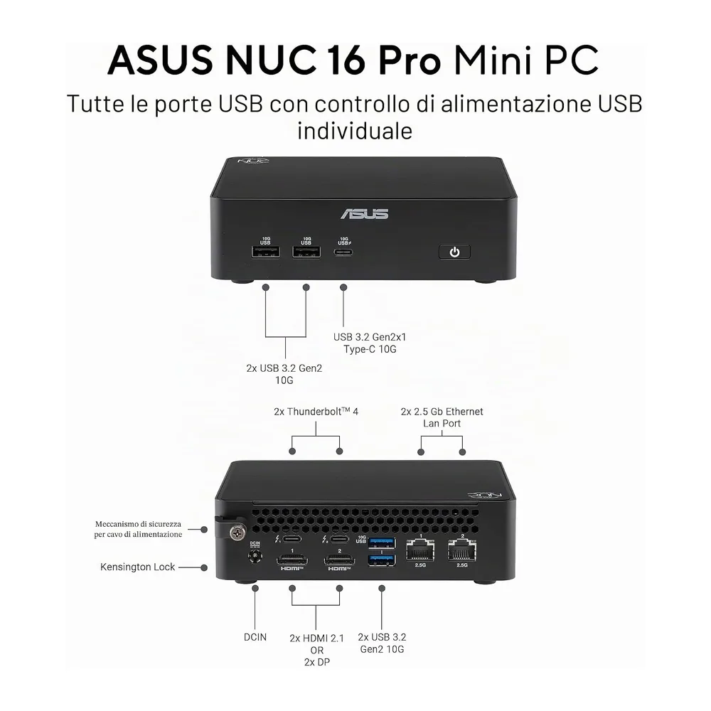 ASUS NUC 16 PRO, Intel Core U7 356H, Barebone (No Ram/SSD), Nero — 3