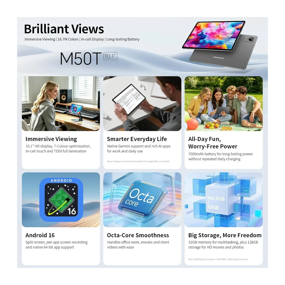 TECLAST M50T Tablet 10" Android16, 32GB+128GB WiFi6 BT5.4, 7000mAh, 13+5MP — 2