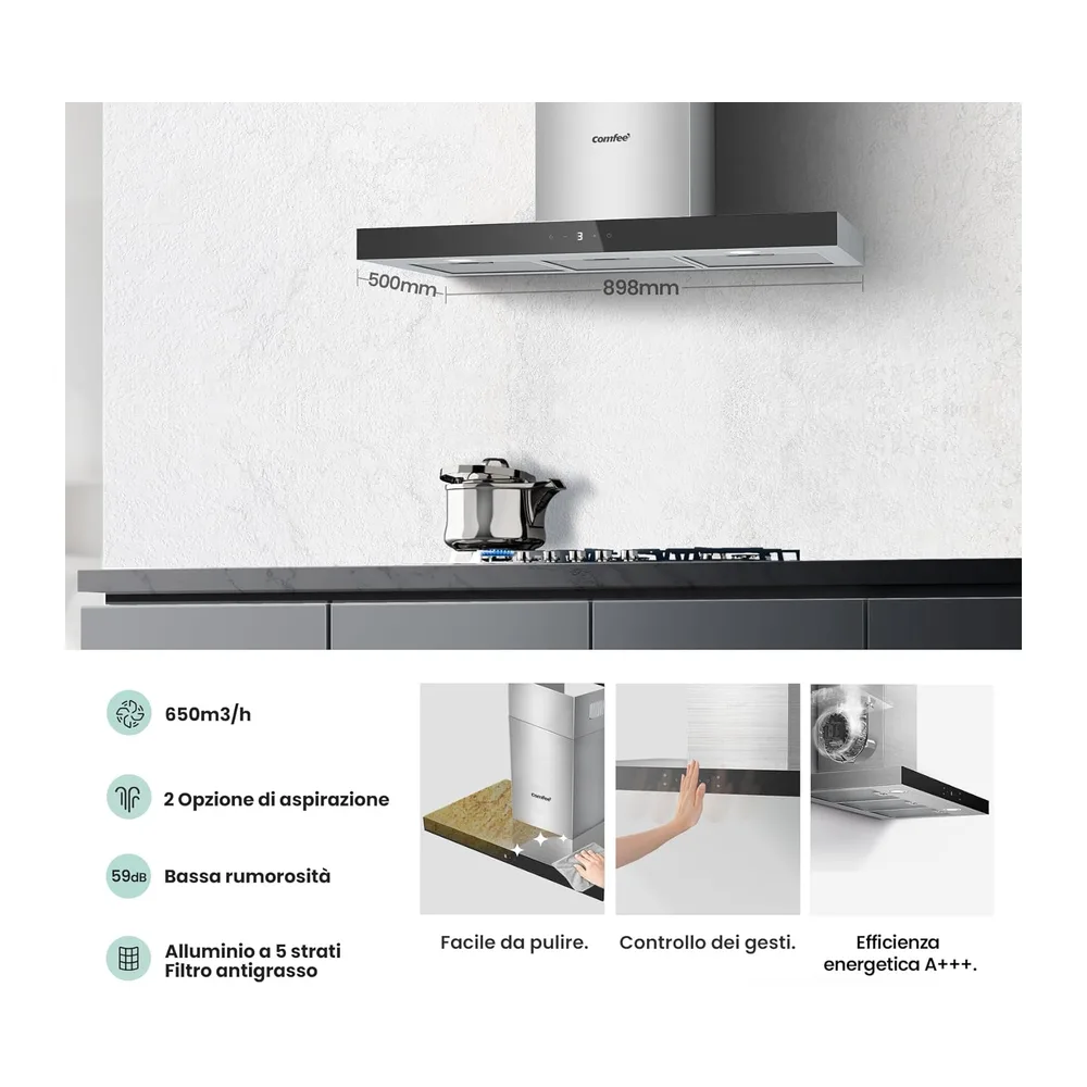 COMFEE Cappa Aspirante 90cm 650m³/h Controllo Gestuale Classe A+++ Acciaio [Classe di efficienza energetica — 2