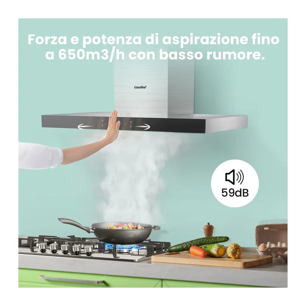 COMFEE Cappa Aspirante 90cm 650m³/h Controllo Gestuale Classe A+++ Acciaio [Classe di efficienza energetica — 3