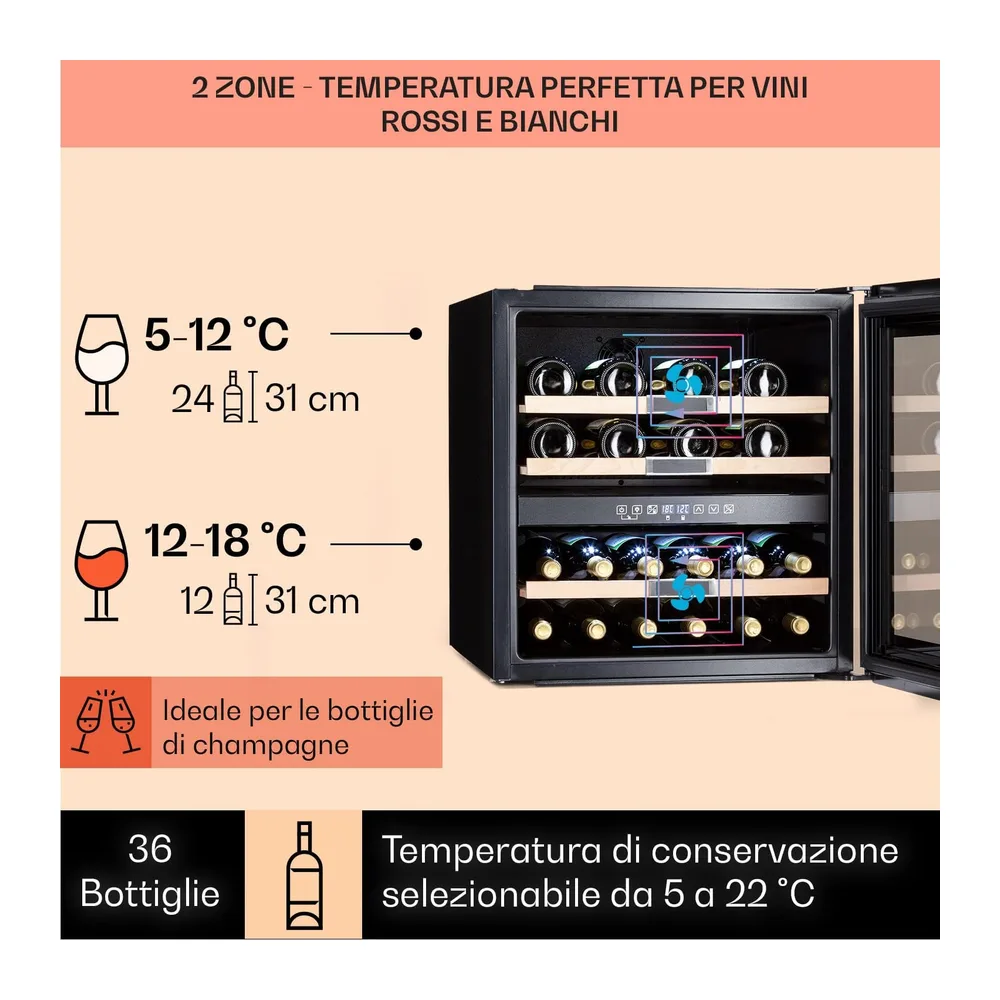 KLARSTEIN Cantinetta Vino Design, Cantinetta Vino Refrigerata a Zona Doppia per Rosso, Bianco e Birra, — 2
