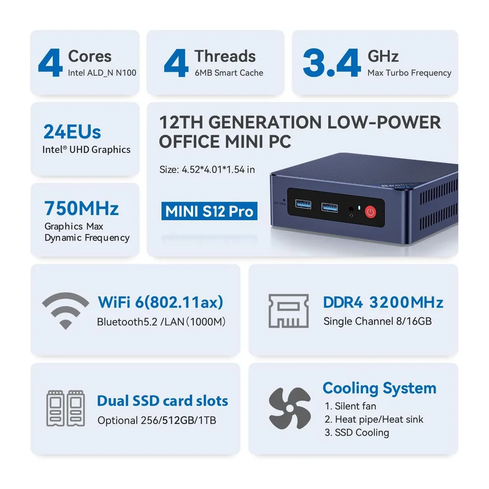 Beelink MINI S12 PRO Mini PC, 12th Gen Intel Alder Lake-N100 Processor (up to 3.40GHz) Mini Computer, 16GB — 2