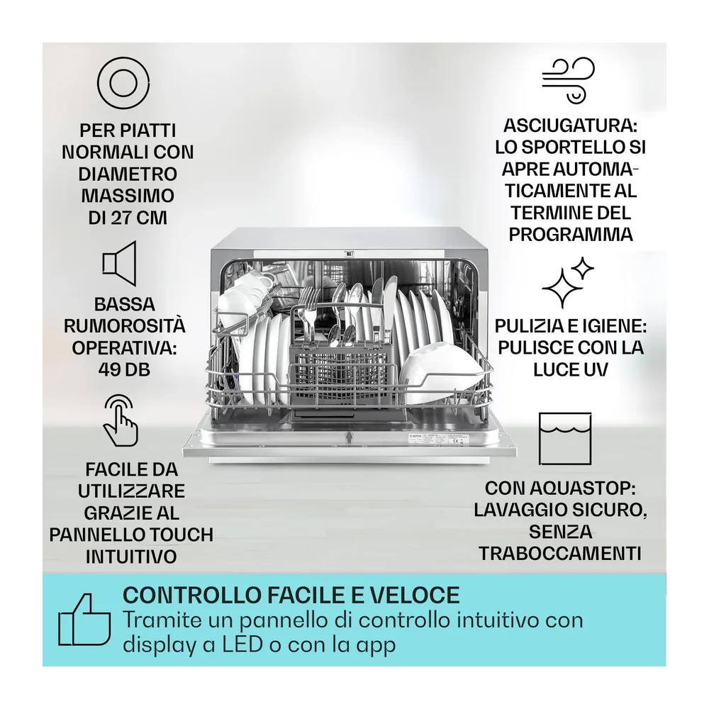 Klarstein Mini Lavastoviglie 6 Coperti, Lavastoviglie UV Silenziosa Compatta con 6 Programmi, da Tavolo per — 2