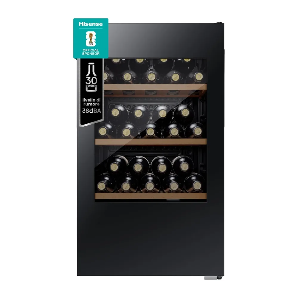 Hisense RW12D4NWG0 - Cantina Vino 30 bottiglie, Monotemperatura, Vetri Anti UV, Ripiani in Legno, Display
