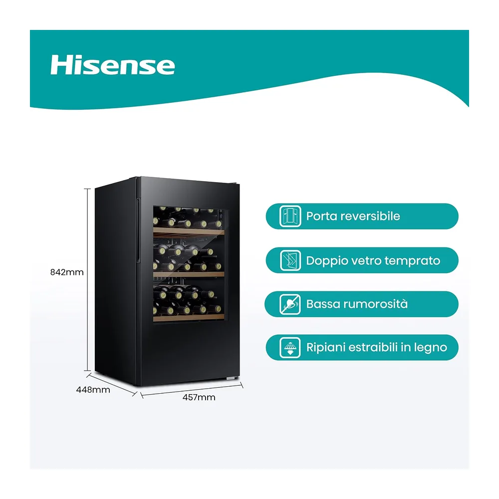 Hisense RW12D4NWG0 - Cantina Vino 30 bottiglie, Monotemperatura, Vetri Anti UV, Ripiani in Legno, Display — 2