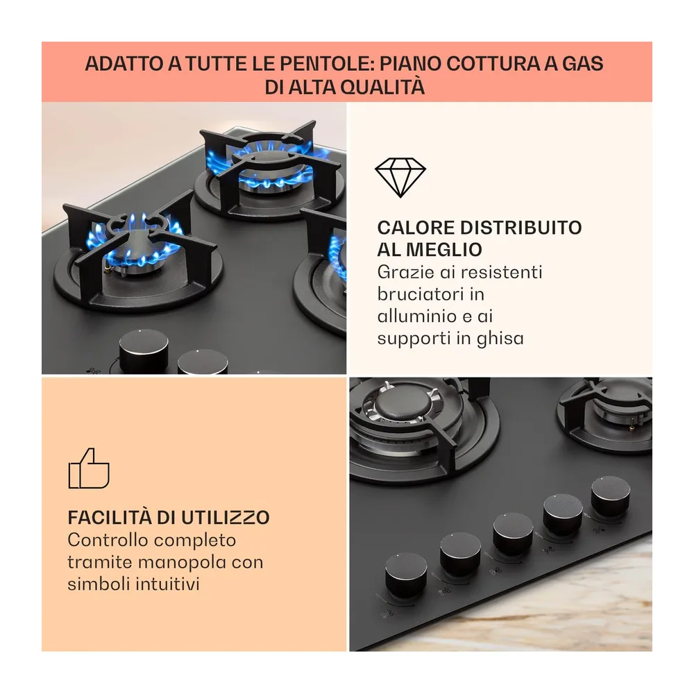 Klarstein Piano Cottura 5 Fuochi, Piano Cottura per Fornelli a Gas, Fornello a Gas Integrato 10400W, in Vetro — 4