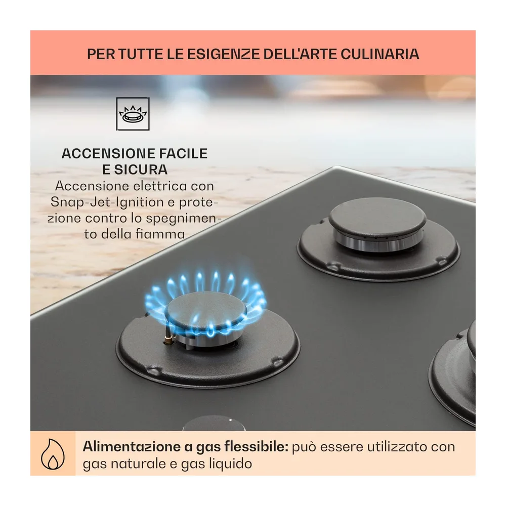 Klarstein Piano Cottura 5 Fuochi, Piano Cottura per Fornelli a Gas, Fornello a Gas Integrato 10400W, in Vetro — 5