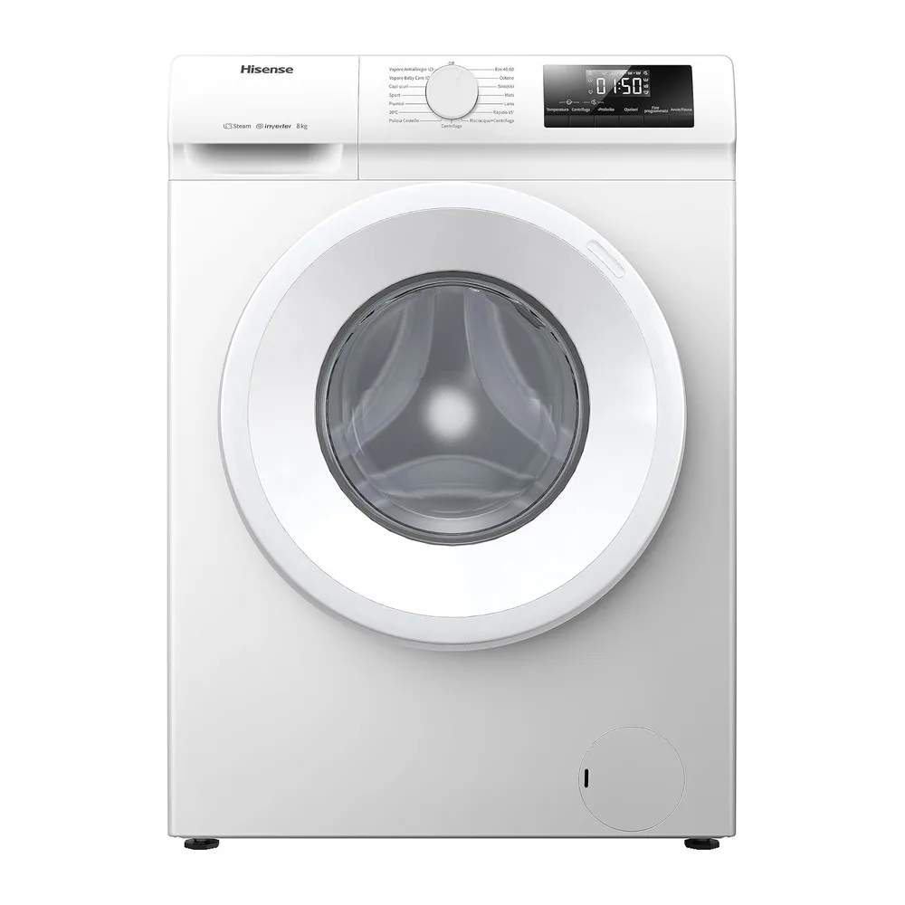 Hisense WFQP801419VM - Lavatrice a Carica Frontale 8 Kg con Vapore, 15 Programmi, Display LED, Partenza