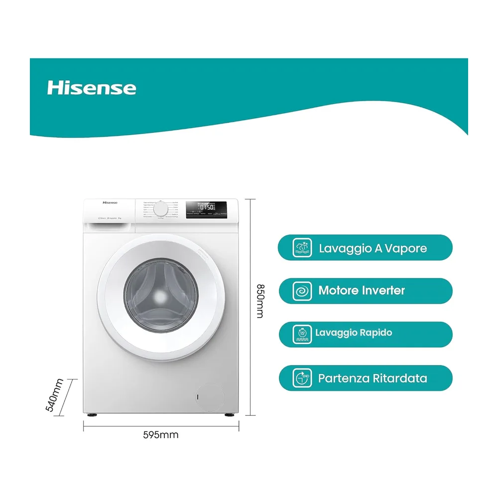 Hisense WFQP801419VM - Lavatrice a Carica Frontale 8 Kg con Vapore, 15 Programmi, Display LED, Partenza — 2