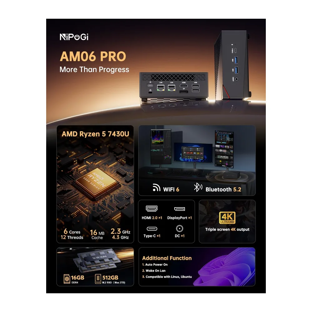 NiPoGi AM06PRO Mini PC,АMD Ryzen 5 7430U,WIN-11 Pro,16GB DDR4,512GB SSD — 2