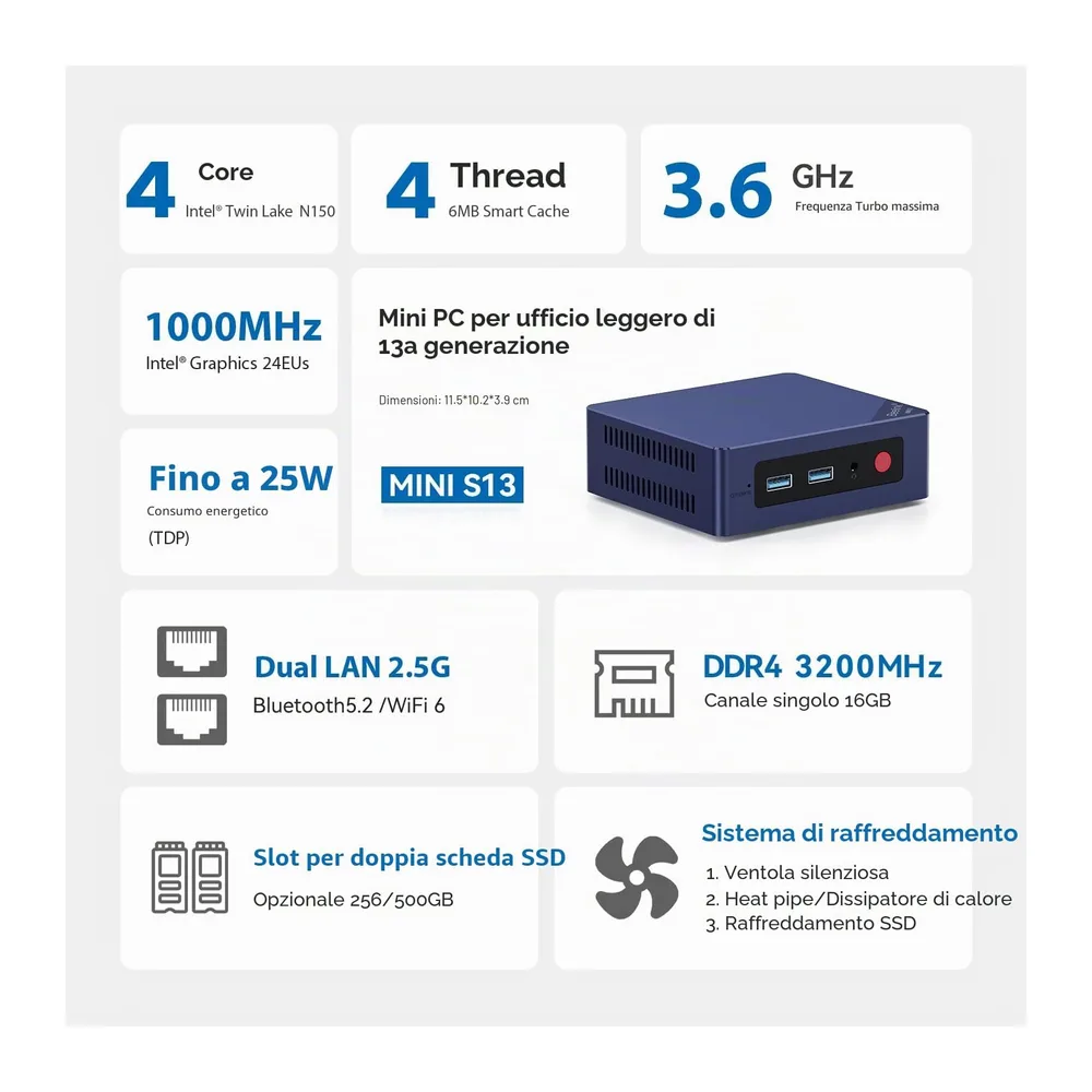 Beelink MINI-S13 Pro Mini PC, Processore Intel Twin Alder Lake-N150 (fino a 3,60 GHz), Mini Computer, 16 GB — 2