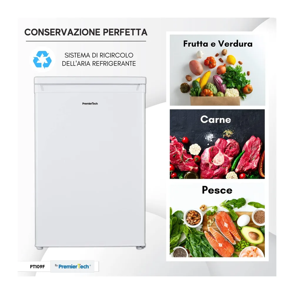 PremierTech Frigorifero con Congelatore 109 Litri Bianco Sottotavolo PT109F [Classe di efficienza energetica — 5
