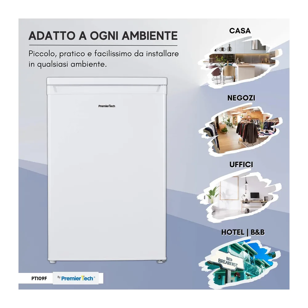 PremierTech Frigorifero con Congelatore 109 Litri Bianco Sottotavolo PT109F [Classe di efficienza energetica — 6