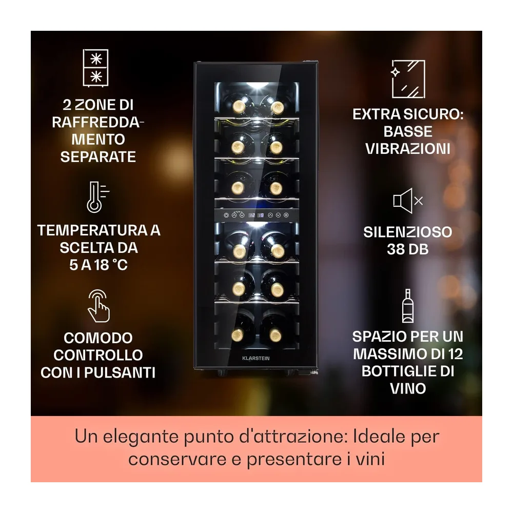 Klarstein Shiraz Cantinetta Vino Nero – 12 Bottiglie, 42 L, Doppia Temperatura | Frigo Vino a Libera — 2