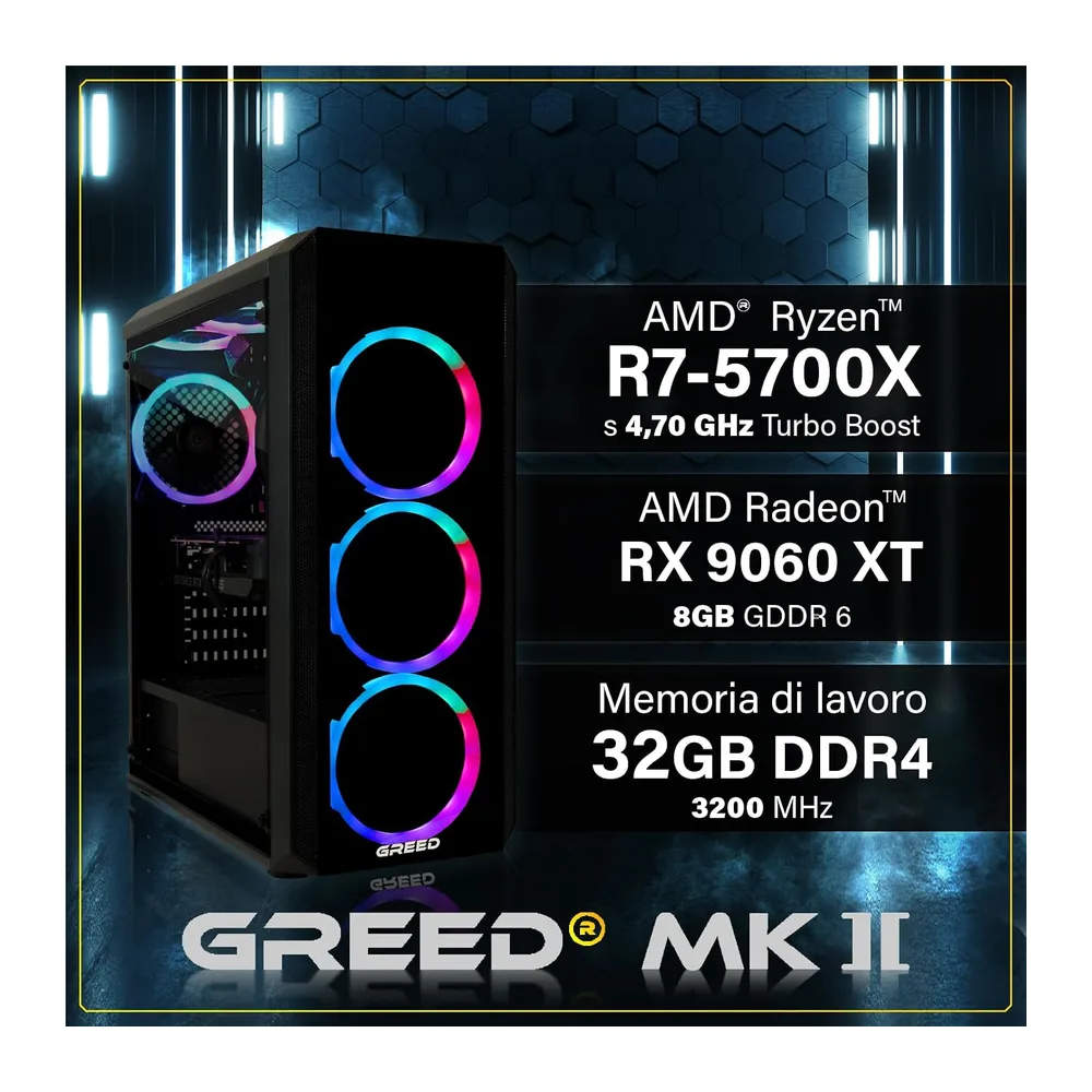 Greed® Mk2 - Gaming PC– AMD Ryzen 7 5700X + AMD Radeon RX 9060 XT (8GB) — 3