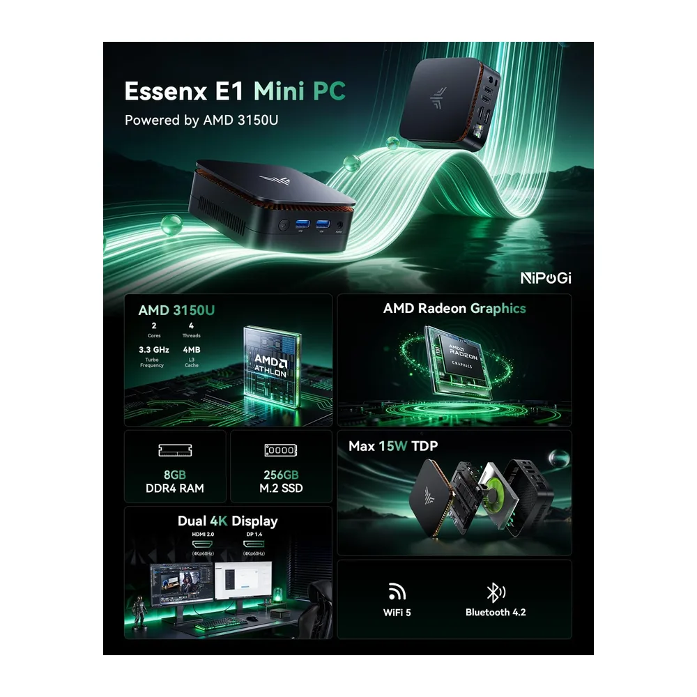NiPoGi Essenx E1 Mini PC ΑΜD 3150U(Max 3.3GHz — 2