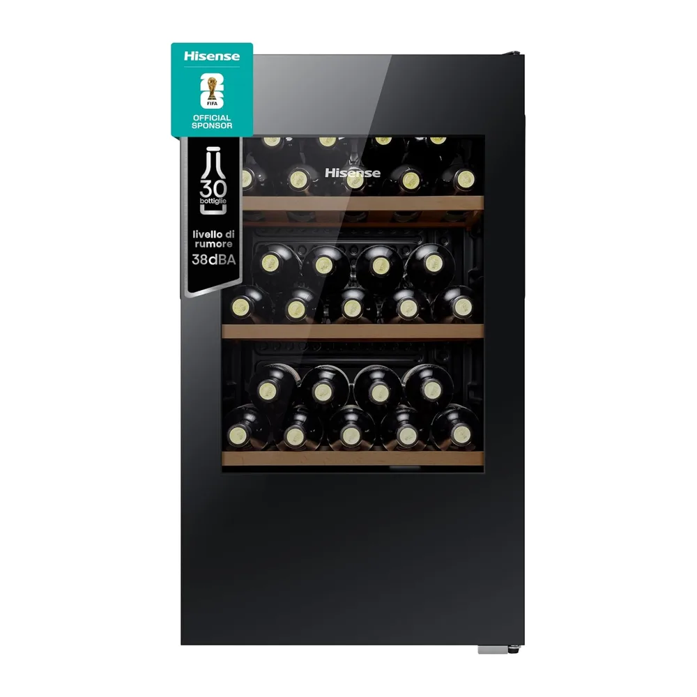 Hisense MWC4894GF - Cantina vino 30 bottiglie, Monotemperatura, Vetri anti UV, ripiani in legno, Display