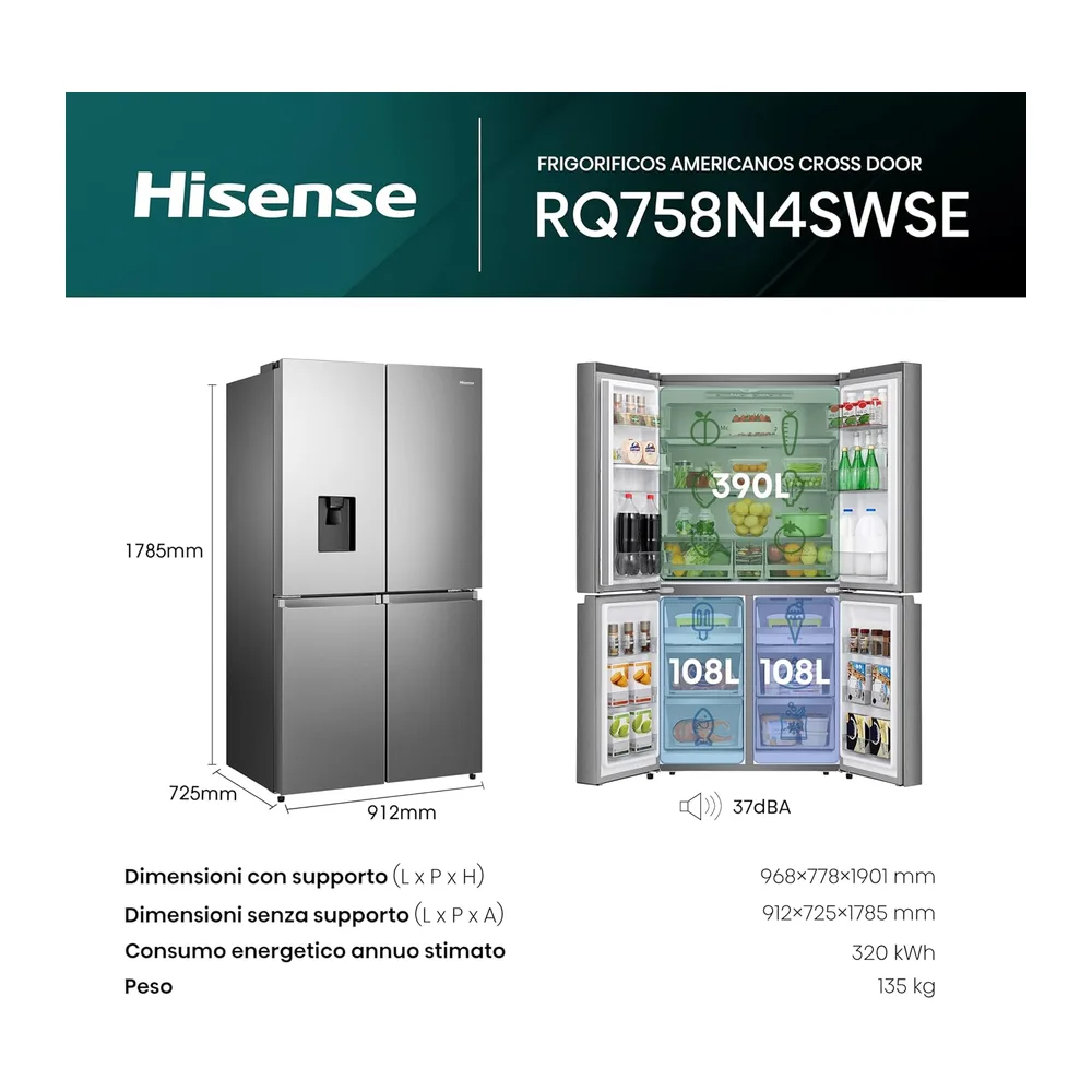 Hisense RQ758N4SWSE Frigorifero Quattro Porte Americano — 2