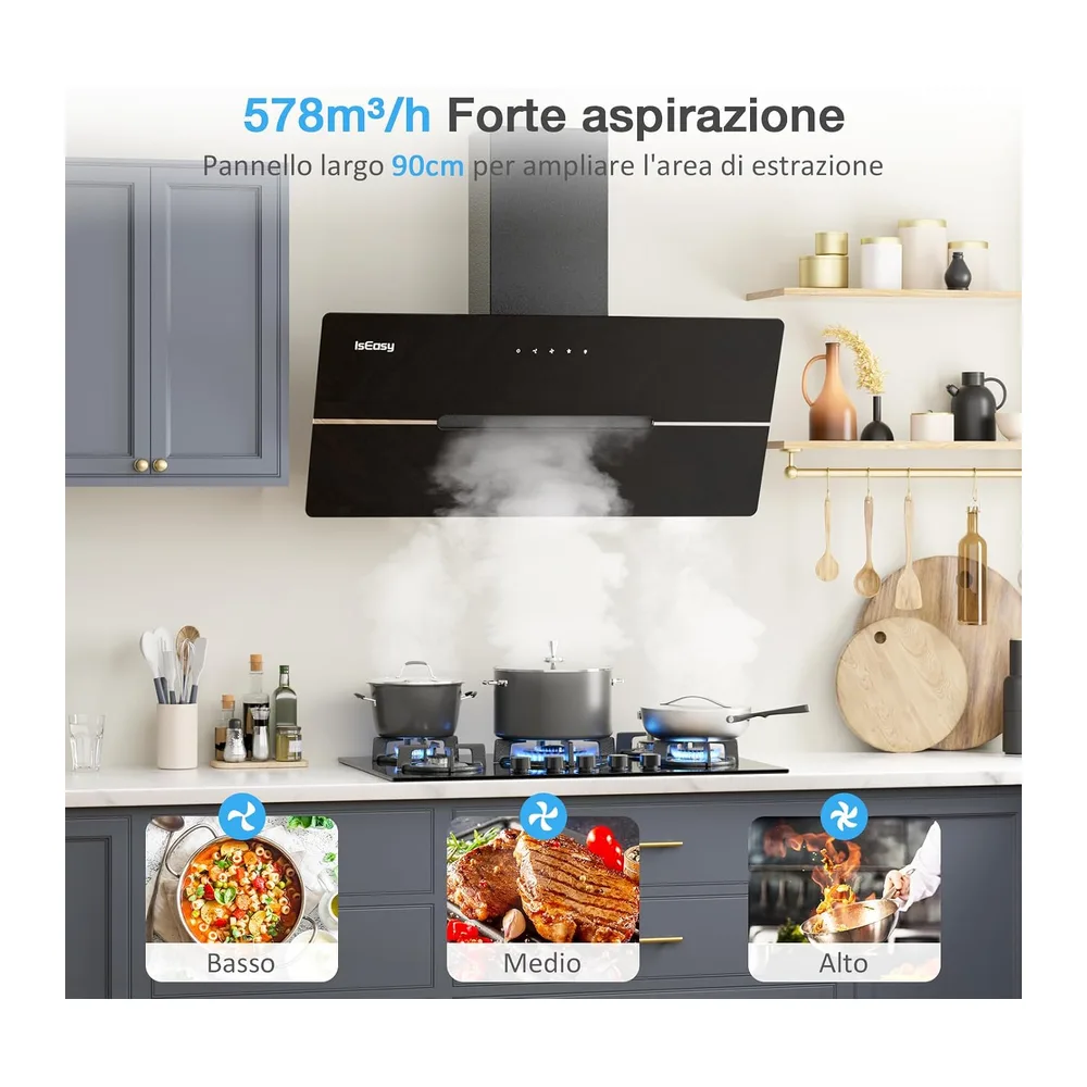 IsEasy Cappa Aspirante 90cm, Cappa Cucina di Scarico/Ricircolo con 578 m³/h Forte Potenza di Aspirazione, 3 — 2