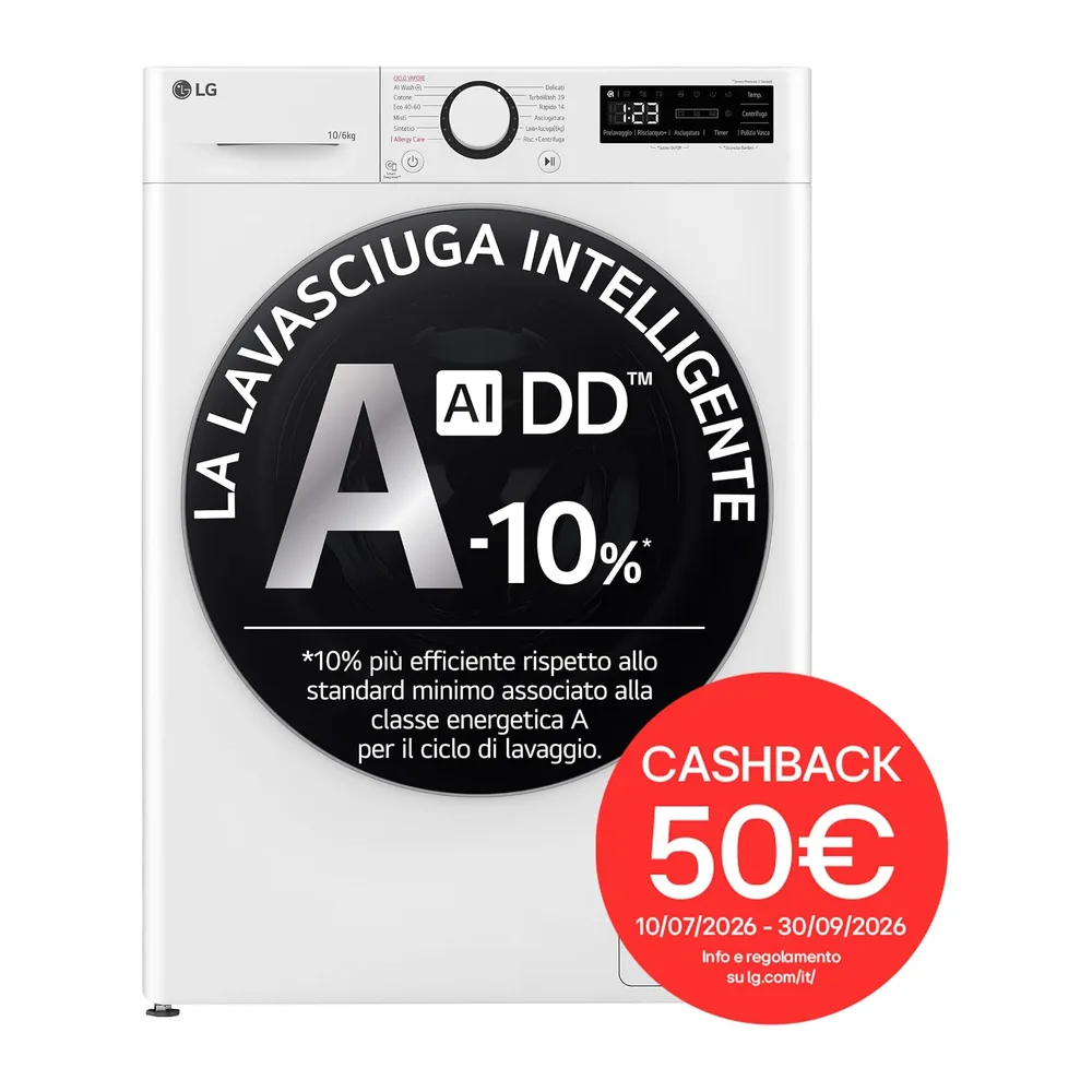 LG AI DD D4R5010TSWS Lavasciuga 10 / 6kg Serie R5 Classe A-10%/D — 2