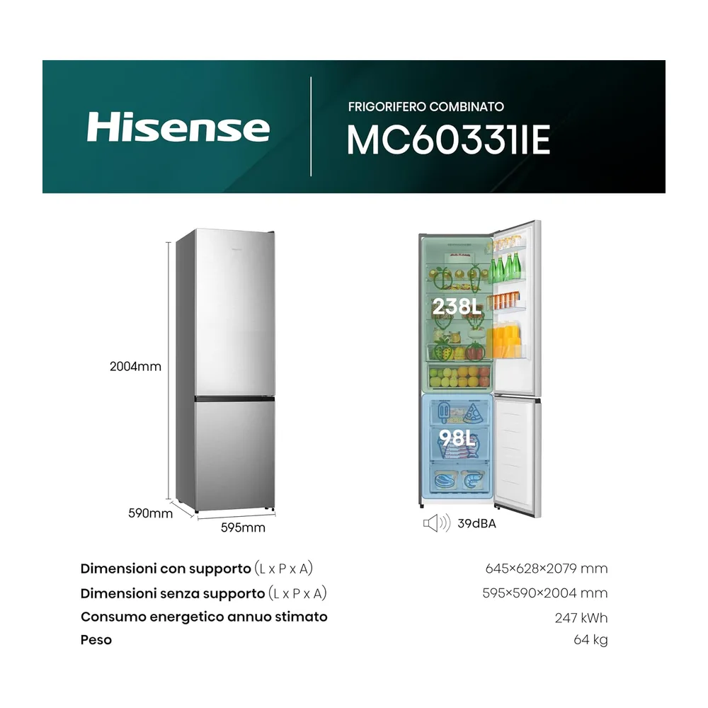 Hisense MC60331IE Frigorifero Combinato, Libera installazione, Total No frost, Ventilazione MultiFlow, Doppia — 2